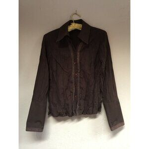 Tom Tailor Womens Sz 38 Brown Lace Trim Pleated Top Shirt Long Sleeve Wide Cuff